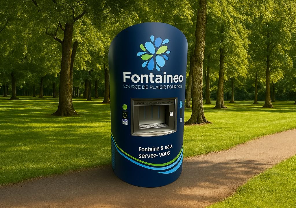 Una fuente cilíndrica azul con la inscripción "FONTAINEO" se alza sobre un camino en un parque con césped verde e hileras de árboles al fondo. La fuente tiene un surtidor y texto en francés en su superficie.