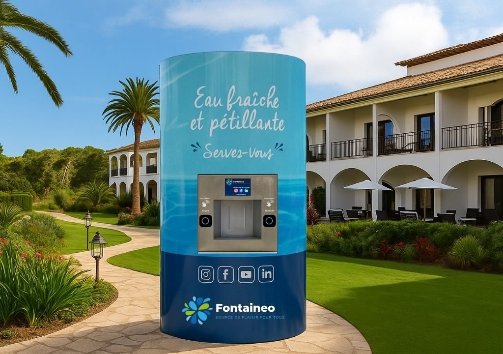 Un gran dispensador de agua se encuentra en un camino ajardinado fuera de un edificio con arcos y balcones. La máquina lleva un texto en francés y ofrece agua fresca y agua con gas. Alrededor se ven palmeras y vegetación.