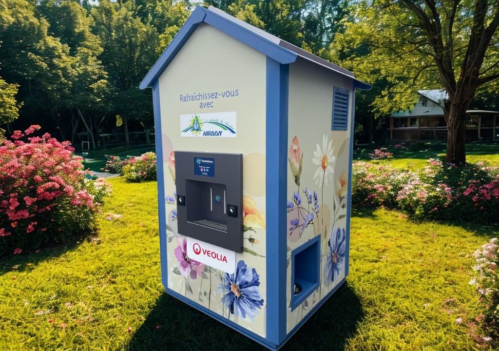 Un pequeño surtidor con forma de casa y motivos florales se encuentra en el césped de un parque. Muestra los logotipos de Veolia y Arnson, así como un cartel en francés. Al fondo se ven árboles y arbustos en flor.