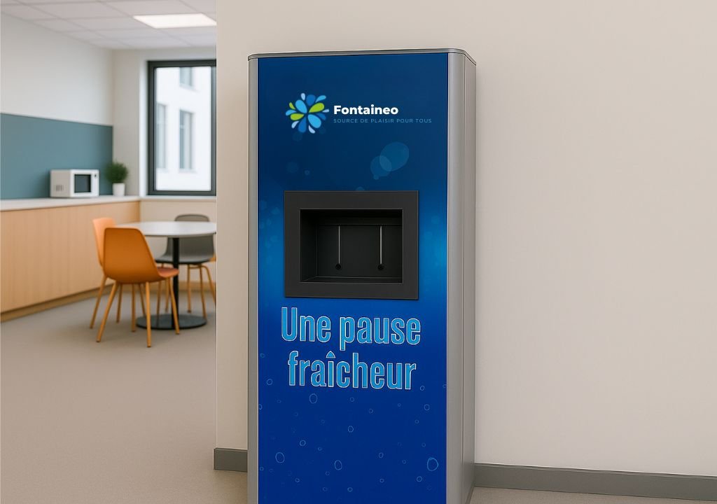 Une fontaine à eau bleue de Fontaineo avec la phrase "Une pause fraîcheur" se trouve contre un mur dans une cuisine de bureau moderne avec une table, des chaises, un four à micro-ondes et une fenêtre en arrière-plan.