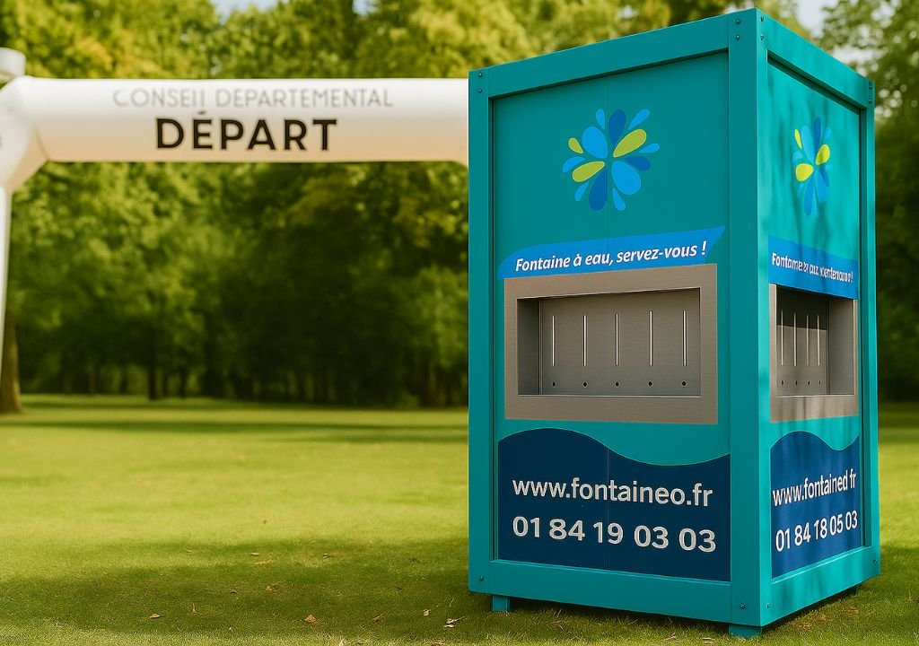 Un dispensador de agua de color verde azulado con una página web y un número de teléfono se encuentra en el césped junto a un arco hinchable blanco con la inscripción "DÉPART". Los árboles llenan el fondo a la luz del día.