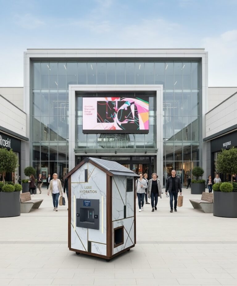 Un petit distributeur ressemblant à une maison se trouve devant l'entrée d'un centre commercial moderne, avec des gens qui marchent à proximité. Le centre commercial a des murs en verre et un grand écran numérique au-dessus de l'entrée.