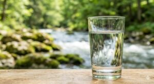 Un verre d'eau transparent est posé sur une surface en bois en plein air, avec un arrière-plan flou représentant un ruisseau et des arbres verts.