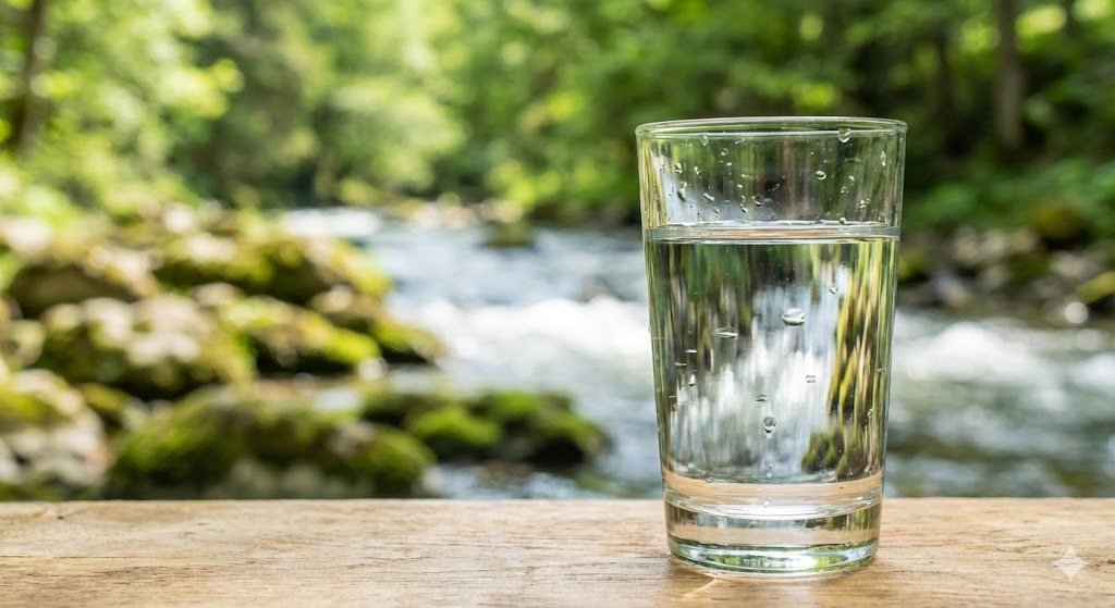 Un verre d'eau transparent est posé sur une surface en bois en plein air, avec un arrière-plan flou représentant un ruisseau et des arbres verts.