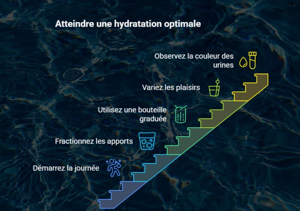 Infographie montrant un escalier sur fond d'eau avec des conseils pour une hydratation optimale et les quantités d'eau à boire par jour : démarrer la journée, fractionner les apports, utiliser une bouteille graduée, varier les plaisirs, observer la couleur des urines.