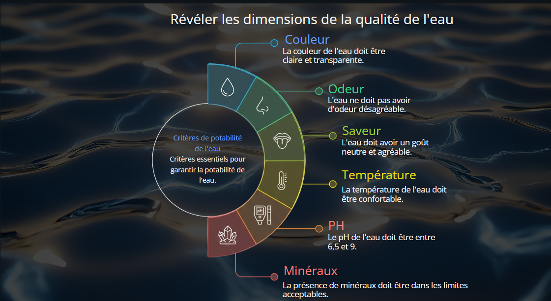Infographie française sur les dimensions de la qualité de l'eau potable, montrant les critères : couleur (claire), odeur (pas d'odeur), goût (neutre), température (adéquate), pH (6,5-9), et minéraux dans les limites. L'arrière-plan montre une surface d'eau calme.
