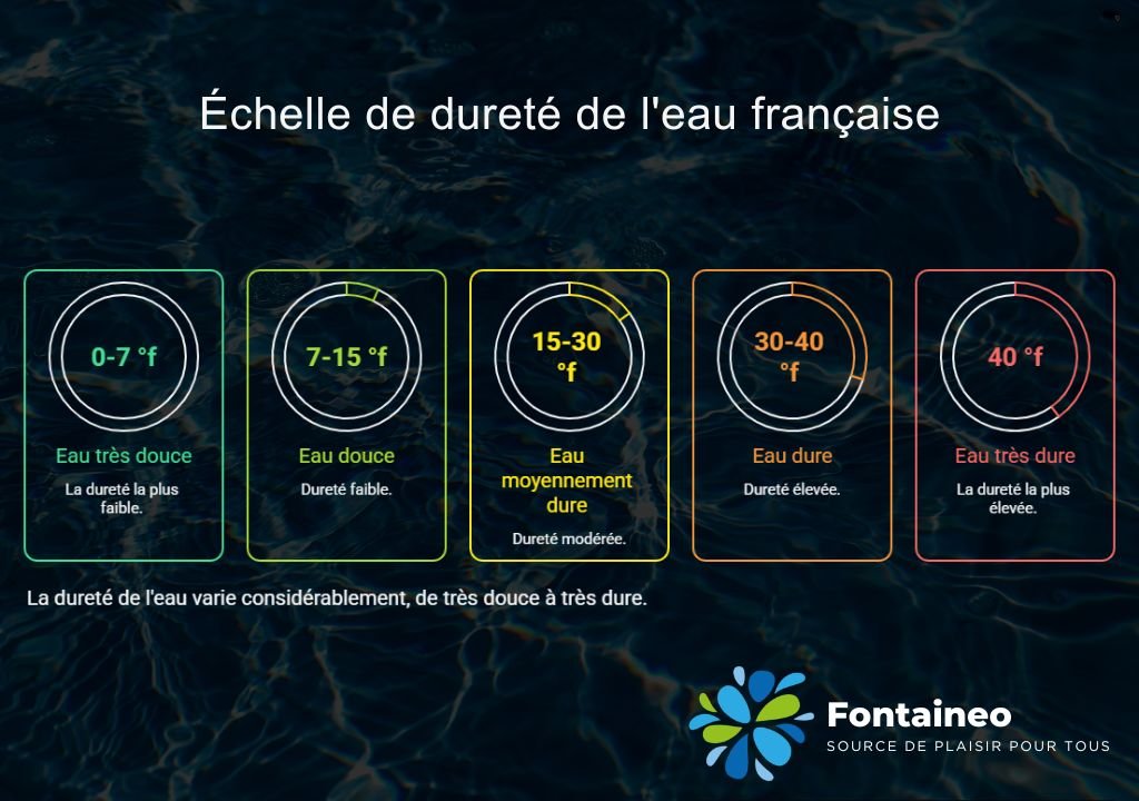 Un tableau intitulé "Échelle de dureté de l'eau française" présente cinq catégories de couleur pour la dureté de l'eau, allant de 0-7 °f (très douce) à plus de 40 °f (très dure), avec de brèves descriptions pour chaque catégorie.