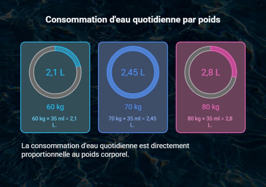 Infographie indiquant les quantités d'eau potable par jour en fonction du poids : 2,1 L pour 60 kg, 2,45 L pour 70 kg et 2,8 L pour 80 kg, soulignant que les besoins quotidiens en eau sont proportionnels au poids corporel.