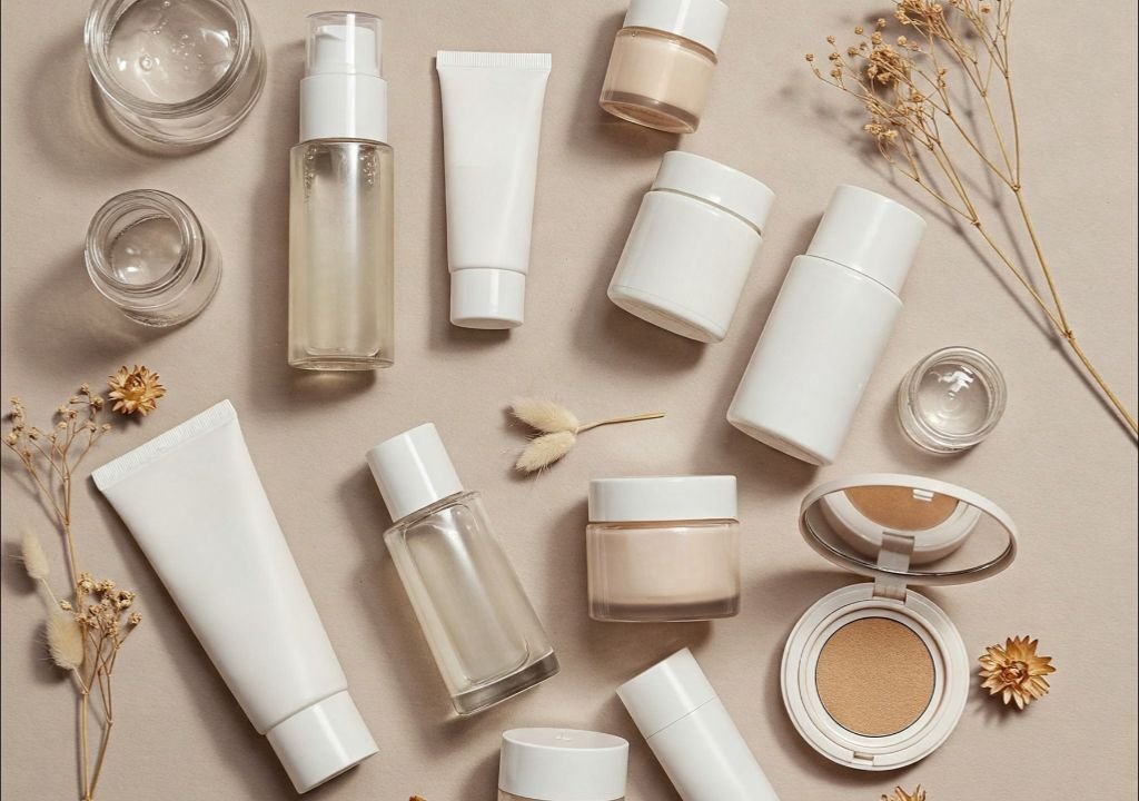 Divers récipients cosmétiques blancs et transparents, y compris des bouteilles, des pots et des tubes, sont disposés sur une surface beige avec des fleurs séchées éparpillées autour d'eux. Comme pour "peut-on boire une eau déminéralisée", il faut toujours vérifier l'usage avant de l'utiliser.