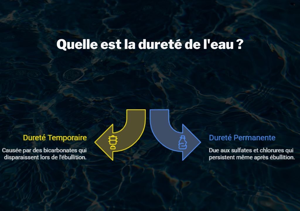 Graphique en français expliquant la dureté de l'eau. La dureté temporaire est causée par les bicarbonates et disparaît après ébullition (flèche jaune). La dureté permanente, due aux sulfates et aux chlorures, persiste après ébullition et est représentée par une flèche bleue.