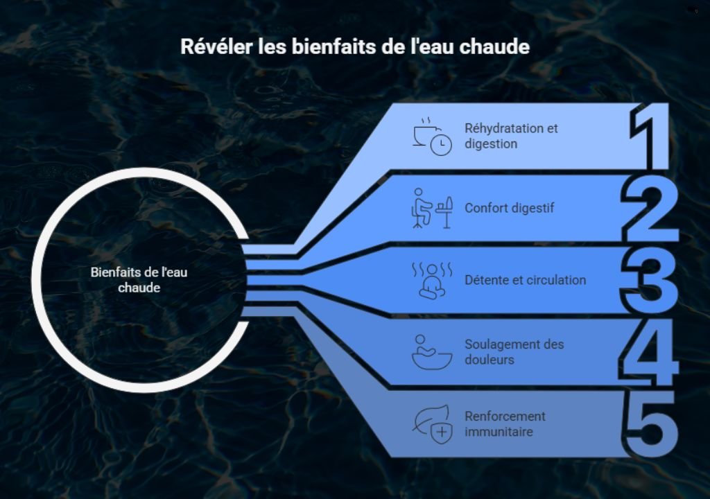 Diagramme énumérant cinq bienfaits de l'eau chaude - hydratation et digestion, confort digestif, relaxation et circulation, soulagement de la douleur et renforcement du système immunitaire - associé à des icônes et à du texte sur un fond d'eau sombre. Peut-on boire de l'eau chaude ?.