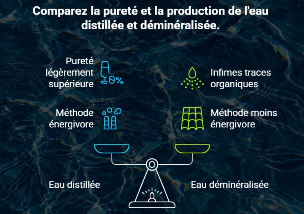 Infographie comparant l'eau distillée et déminéralisée, avec une balance centrale. Peut-on boire une eau déminéralisée ? Eau distillée : pureté supérieure, méthode énergivore. Eau déminéralisée : traces organiques, méthode moins énergivore.