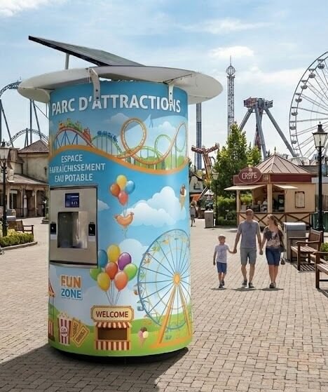 Un kiosque coloré portant l'inscription "Parc d'Attractions" se trouve près d'une fontaine à eau dans un parc d'attractions, avec des bancs, des arbres et divers manèges, dont une grande roue, à l'arrière-plan. Des familles se promènent à proximité sous un ciel dégagé.