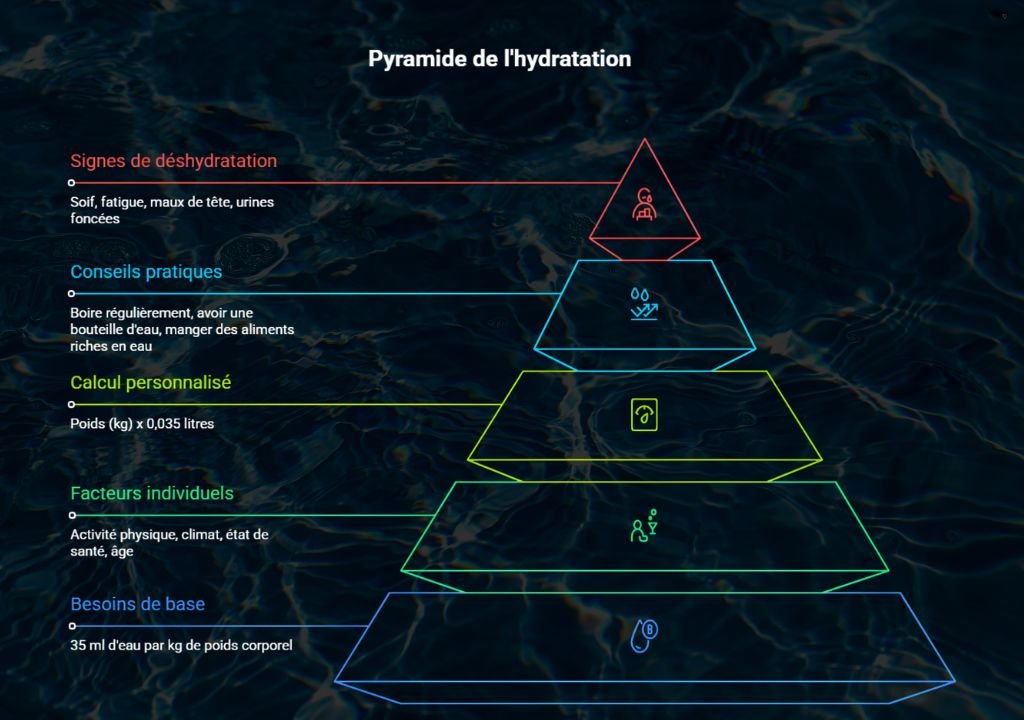 Pyramide colorée de l'hydratation avec cinq niveaux : besoins de base, quantités d'eau à boire par jour, facteurs individuels, calcul personnalisé, conseils pratiques et signes de déshydratation. Texte explicatif à chaque niveau sur fond d'eau sombre.