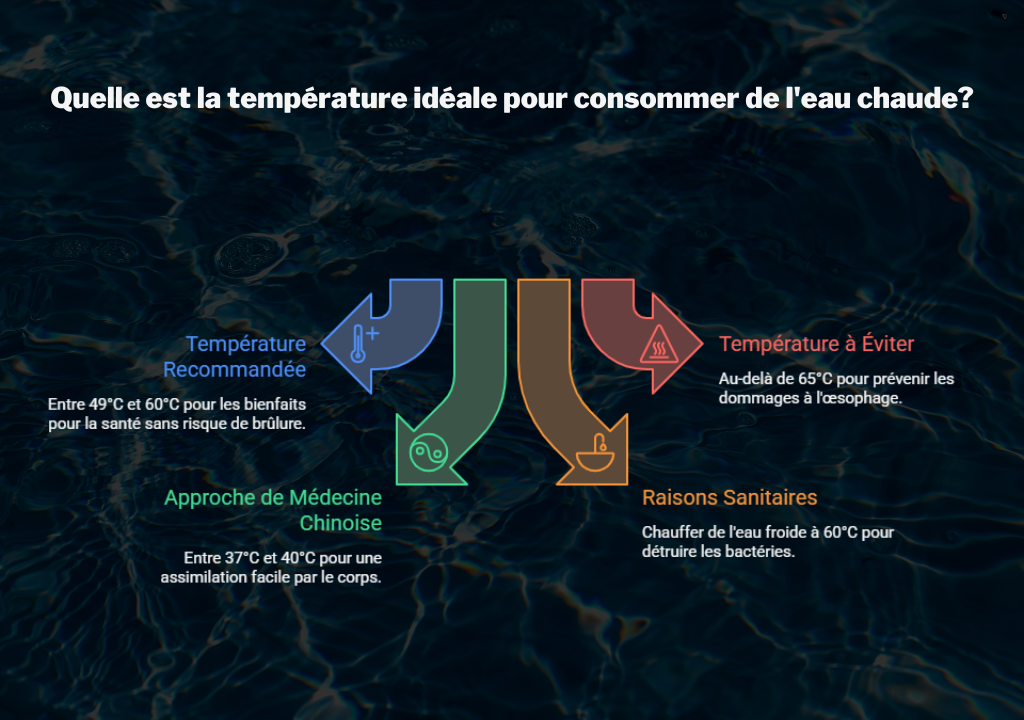 Infographie sur la température idéale de l'eau chaude potable, indiquant la plage recommandée (49°C-60°C), les raisons (santé, bactéries), l'approche de la médecine chinoise (37°C-40°C) et l'avertissement d'éviter l'eau à plus de 65°C. Texte sur fond d'eau.