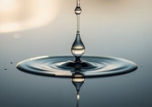 Photographie en gros plan d'une goutte d'eau frappant une surface calme, créant des ondulations et une petite éclaboussure - un rappel visuel de la clarté que vous obtenez lorsque vous entretenez adoucisseur d'eau, avec un éclairage doux et un arrière-plan flou.