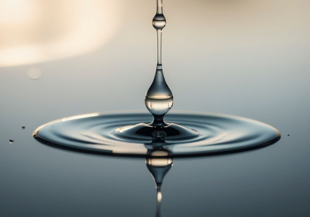 Photographie en gros plan d'une goutte d'eau frappant une surface calme, créant des ondulations et une petite éclaboussure - un rappel visuel de la clarté que vous obtenez lorsque vous entretenez adoucisseur d'eau, avec un éclairage doux et un arrière-plan flou.
