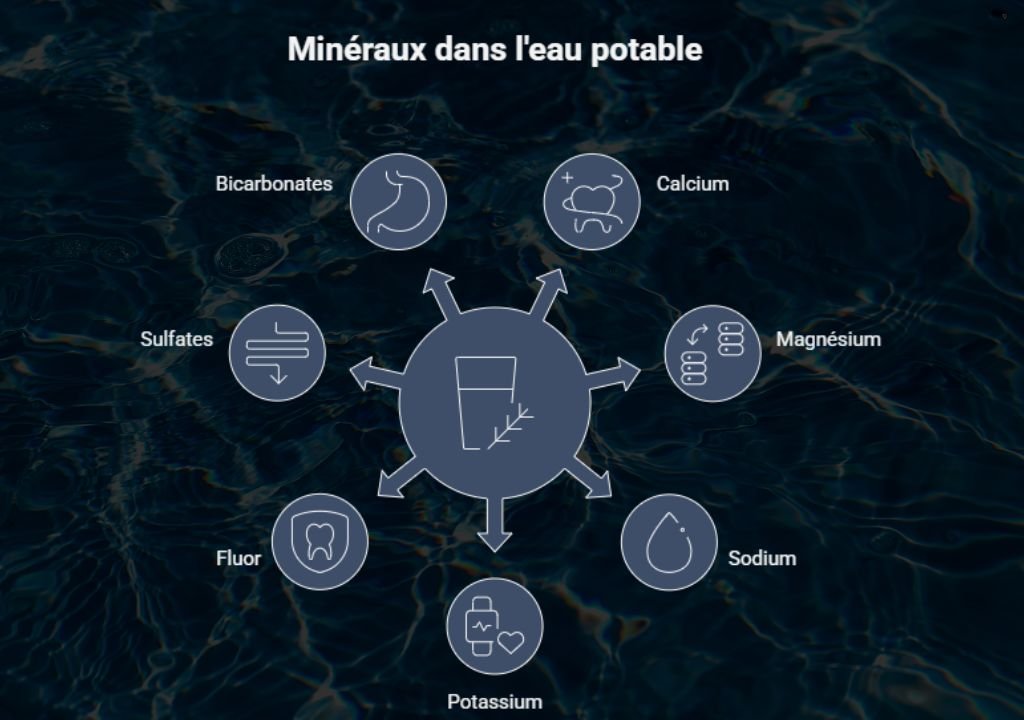 Un diagramme intitulé "Minéraux dans l'eau potable" montre six minéraux - les bicarbonates, le calcium, le magnésium, le sodium, le potassium, le fluor et les sulfates - entourant une icône centrale représentant un verre d'eau.