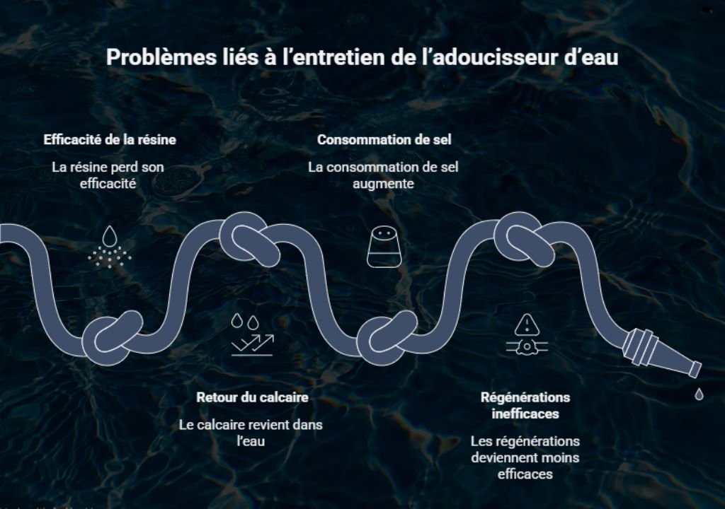 Un graphique montrant un tuyau noué illustrant les problèmes d'entretien des adoucisseurs d'eau : efficacité réduite de la résine, utilisation accrue de sel, retour du calcaire dans l'eau et régénérations moins efficaces - des icônes simples soulignent pourquoi il est vital d'entretenir l'adoucisseur d'eau.