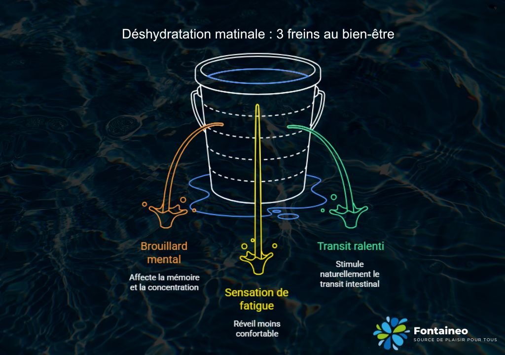 Le schéma montre un seau avec trois fuites - brouillard mental, fatigue et digestion lente - illustrant les effets de la déshydratation matinale. Le fond d'eau évoque la fraîcheur ; le logo Fontainéo se trouve en bas à droite. Découvrez pourquoi boire de l'eau le matin est essentiel.