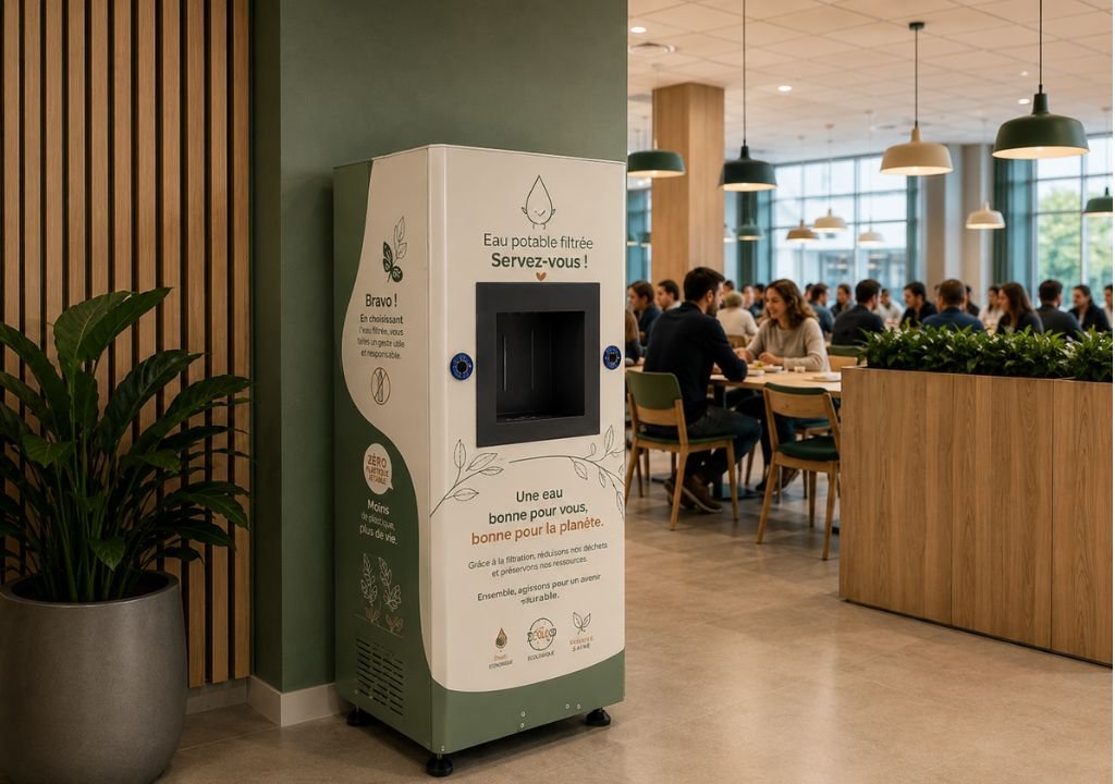 Une fontaine à eau cantine se trouve près d'une plante dans une cafétéria moderne, avec plusieurs personnes assises à des tables à l'arrière-plan. Le distributeur comporte un texte en français promouvant une consommation d'eau respectueuse de l'environnement.
