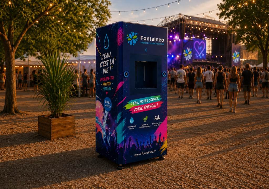 Un distributeur d'eau Fontaineo aux couleurs vives est installé à l'extérieur lors d'un festival ; à l'arrière-plan, des gens se sont rassemblés près d'une scène, sous des guirlandes lumineuses et des arbres. Le distributeur affiche des textes et des illustrations en français sur le thème de l'eau.