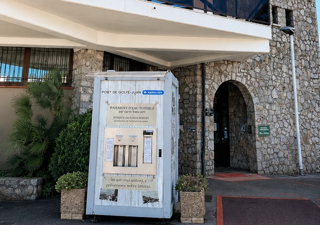Un kiosque portable de paiement de l'eau, comme une fontaine à eau golf, est placé devant un bâtiment en pierre. Le kiosque dispose d'instructions en français et d'un panneau de paiement par carte. Des plantes vertes se trouvent à proximité et une petite rampe rouge mène à l'entrée du bâtiment.