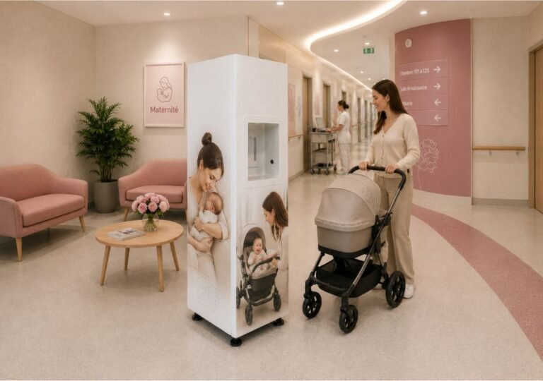 Une femme pousse une poussette dans le couloir d'une maternité. Les murs sont clairs, rehaussés de touches de rose, et on y trouve un présentoir blanc orné d'images représentant une mère tenant son bébé dans ses bras.