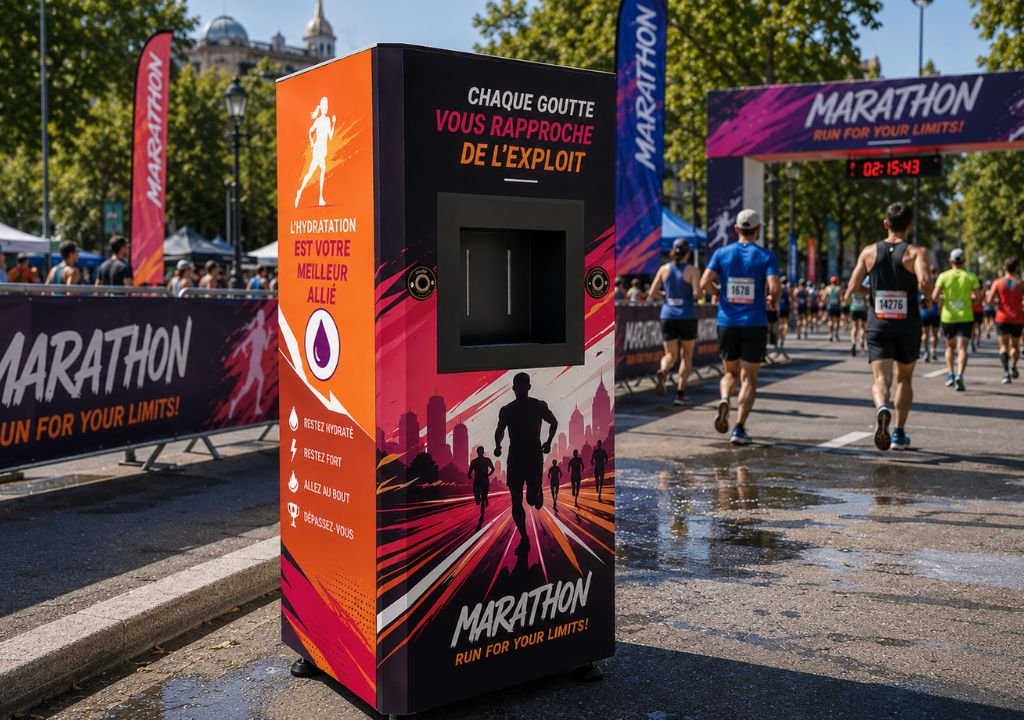 Une fontaine à eau « Marathon », ornée de motifs thématiques, se dresse au bord de la route tandis que les coureurs passent devant des banderoles et des dispositifs de chronométrage, et que des arbres bordent le parcours sous un ciel dégagé.
