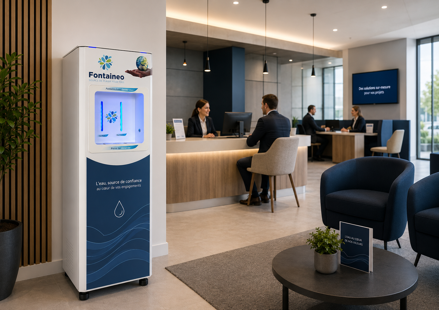 Un espace d'accueil moderne dans un bureau, où des personnes sont assises à leurs bureaux. Au premier plan, on aperçoit un distributeur d'eau de la marque Fontaineo, ainsi qu'une petite table ronde sur laquelle sont posés un panneau et une plante. L'ambiance est ordonnée et professionnelle.