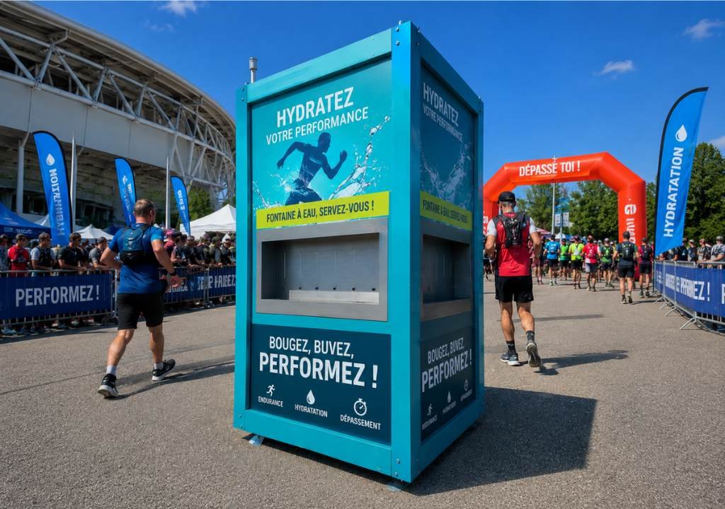 Un groupe de coureurs s'approche d'une arche de départ rouge lors d'une manifestation en plein air. Au premier plan, on aperçoit un point de ravitaillement bleu orné d'inscriptions en français et d'illustrations en rapport avec l'eau potable et le sport.