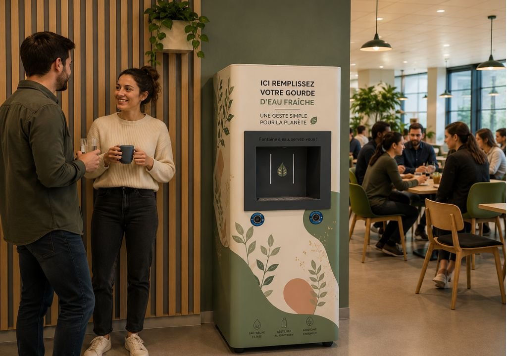 Deux personnes se tiennent debout et discutent près d'une fontaine à eau cantine à l'intérieur d'une cafétéria, tandis que plusieurs autres personnes sont assises à des tables à l'arrière-plan. La station comporte une signalétique écologique en français promouvant les recharges d'eau.