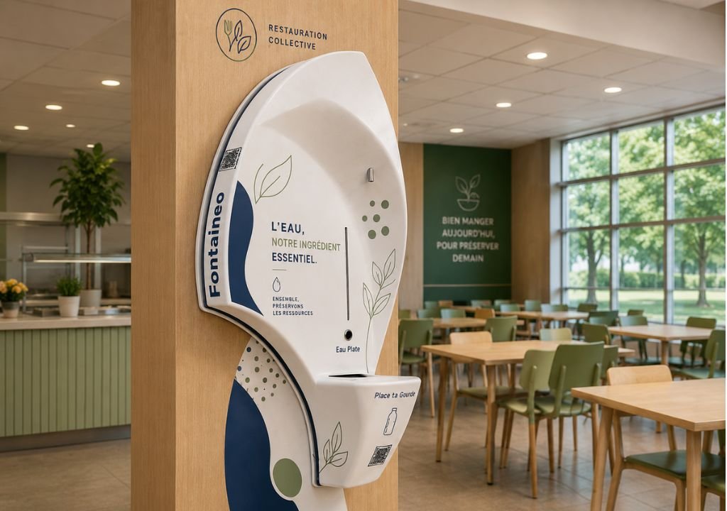 Une fontaine à eau cantine moderne est montée sur une colonne en bois dans une cafétéria avec des chaises vertes et de grandes fenêtres. Des textes et des graphiques informatifs sur l'eau sont affichés au-dessus et sur la fontaine.