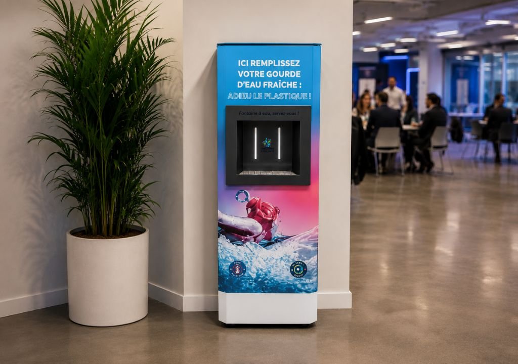 Une borne de remplissage d'eau, sur laquelle figure un texte en français, se trouve dans le couloir d'un immeuble de bureaux moderne. La machine arbore l'image d'un nageur et le message encourage à remplir ses bouteilles d'eau fraîche pour éviter l'utilisation de plastique. Des personnes sont assises à l'arrière-plan.