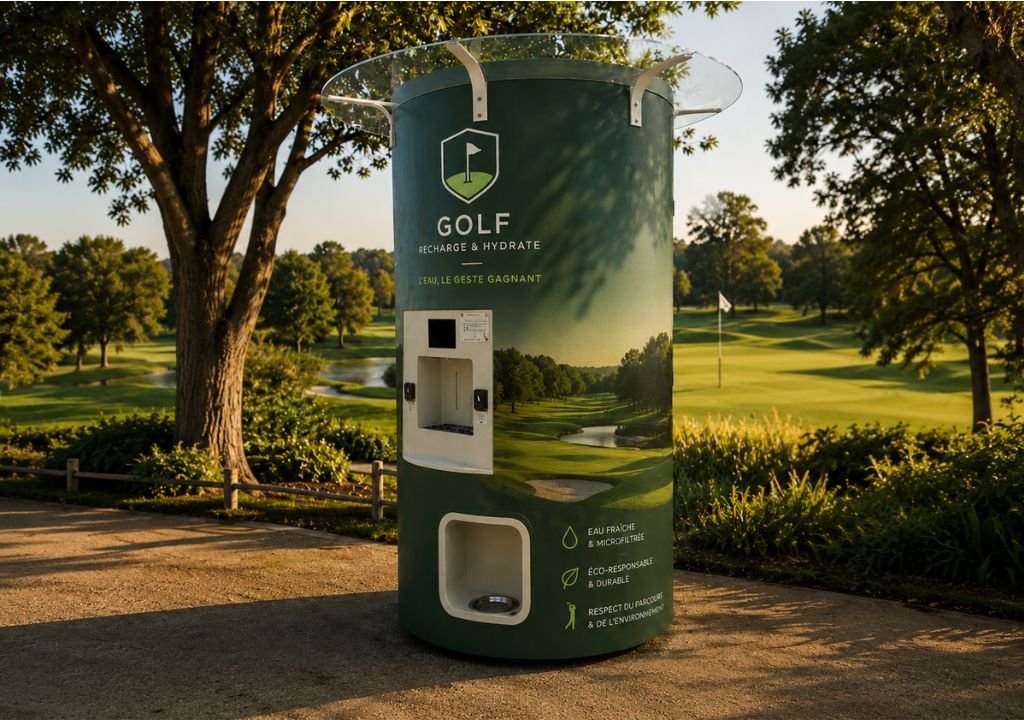 Un kiosque vert étiqueté "Golf Recharge & Hydrate" se trouve sur un parcours de golf, avec un distributeur Fontaine à eau et un écran numérique, entouré d'arbres et d'allées herbeuses en arrière-plan.