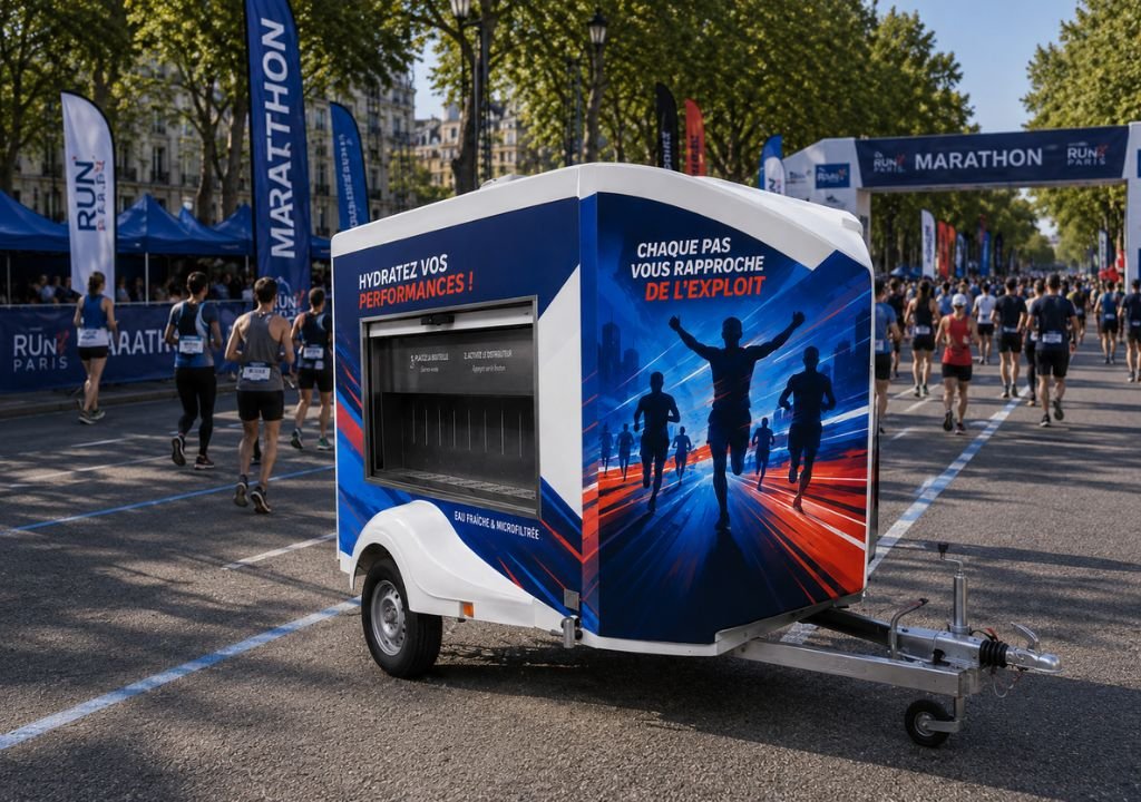 Une remorque servant de point de ravitaillement en eau, ornée de visuels promotionnels, fait office de fontaine à eau pour le marathon ; elle est stationnée le long du parcours, là où passent les coureurs ; en arrière-plan, des banderoles de marathon et des arbres bordent la rue.