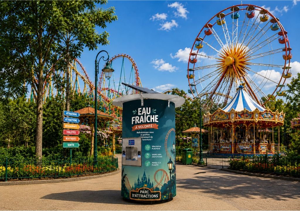 Une fontaine à eau parc d'attraction se trouve sur un chemin pavé entouré d'arbres, d'un panneau indicateur et de manèges tels qu'une grande roue, un carrousel et des montagnes russes sous le ciel bleu.