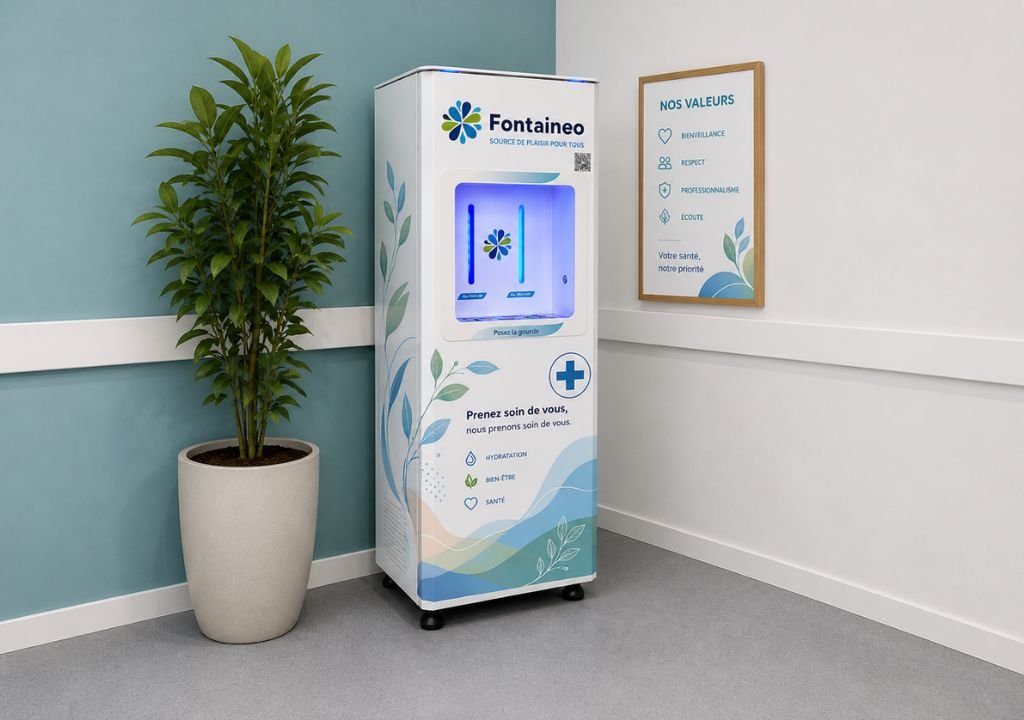 Un distributeur d'eau de la marque Fontainéo se trouve à côté d'une plante en pot dans une pièce propre et moderne. Une affiche présentant les valeurs de l'entreprise est accrochée au mur, à droite du distributeur.