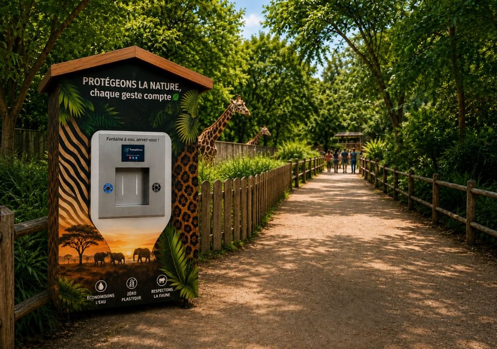 Une fontaine à eau décorée de motifs animaux et nature se tient sur un sentier bordé de palissades et de verdure dans un parc d'attraction ; une girafe et plusieurs visiteurs apparaissent en arrière-plan.