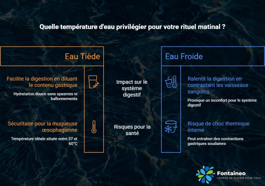 Infographie comparative en français sur la consommation d'eau chaude et d'eau froide pour les routines matinales, énumérant les effets sur la digestion, la sécurité et la santé. Le texte orange décrit les avantages de l'eau chaude ; le texte bleu décrit les risques de l'eau froide.