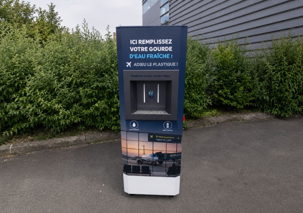 Une borne de remplissage d'eau est installée à l'extérieur, sur le trottoir, près de buissons et d'un bâtiment moderne. Le panneau apposé sur la borne, rédigé en français, encourage les usagers à remplir leurs gourdes et à réduire leur consommation de plastique.