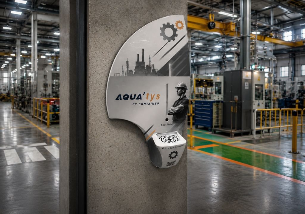 Un distributeur d'eau de la marque « AQUA'tys by Fontanéo » est fixé à un pilier en béton à l'intérieur d'une grande usine industrielle bien éclairée, où l'on peut voir des machines et des marquages de sécurité au sol.