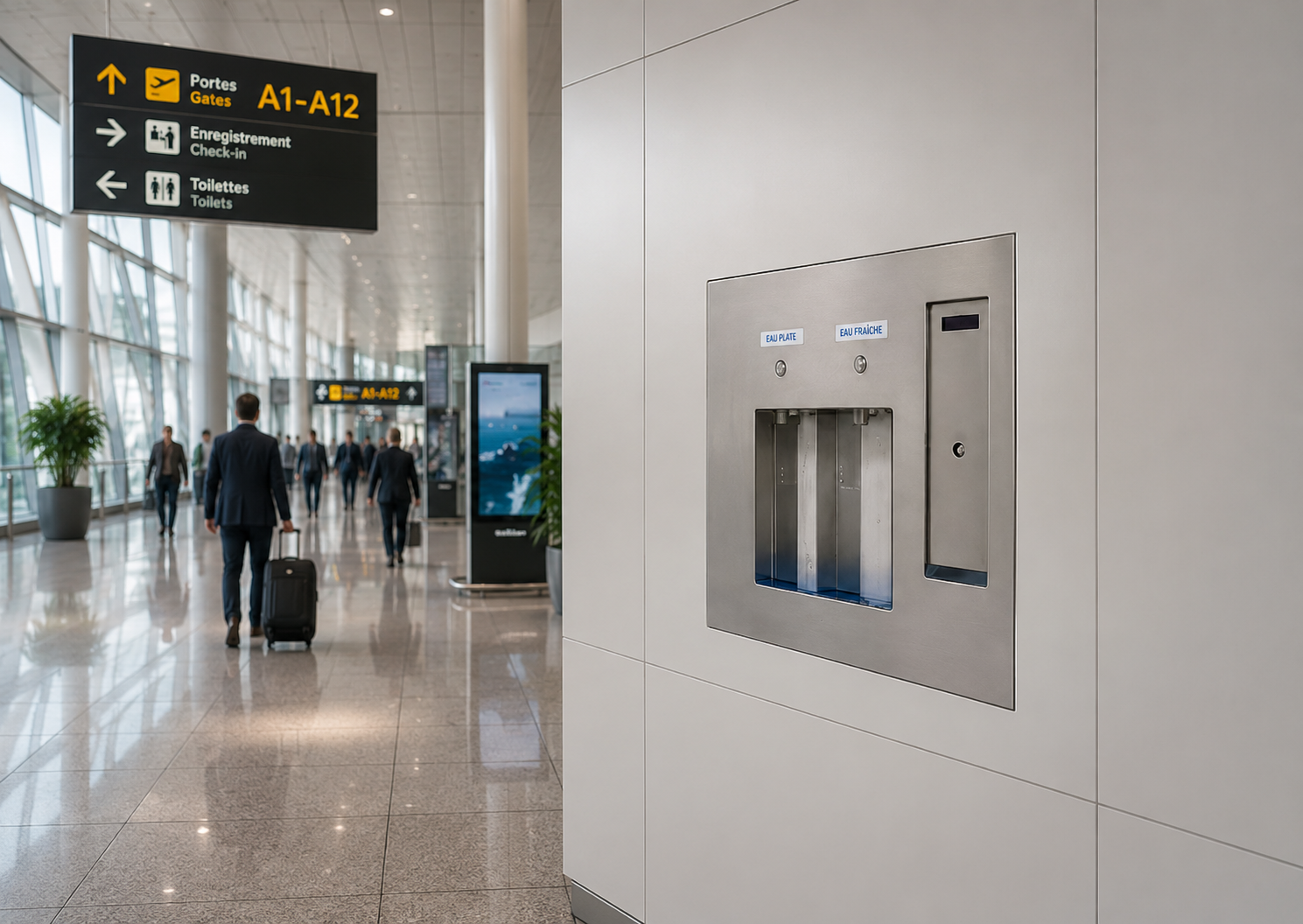 Une borne de remplissage d'eau en acier inoxydable est fixée au mur d'un terminal d'aéroport. Des personnes chargées de bagages défilent à l'arrière-plan. Des panneaux suspendus indiquent les directions vers les portes d'embarquement, l'enregistrement et les toilettes.