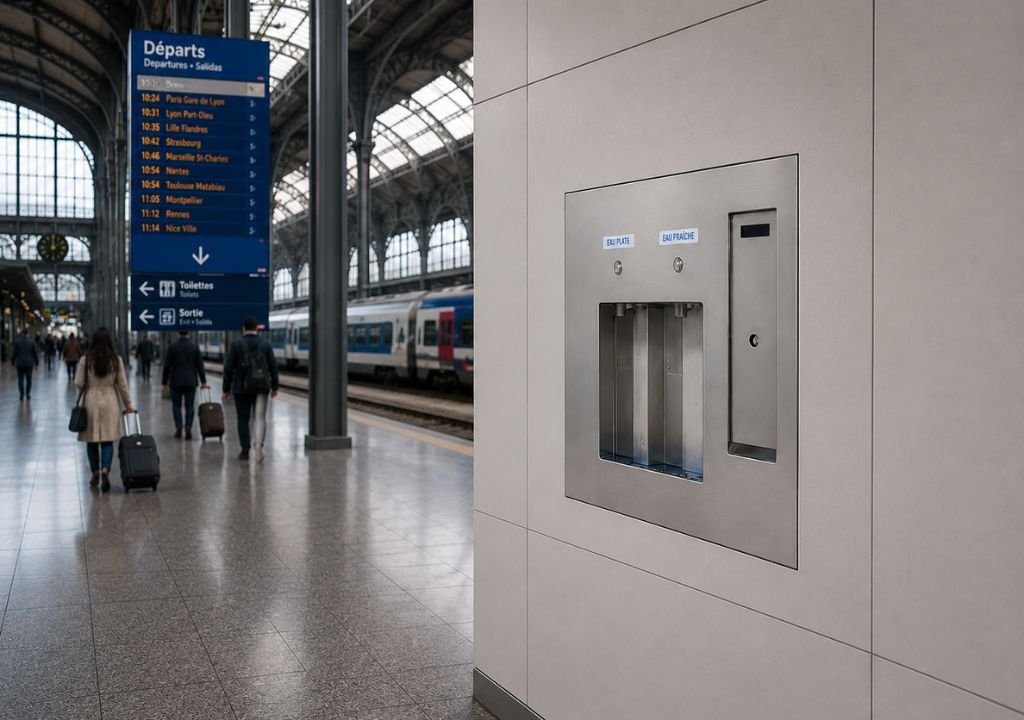 Une fontaine est fixée au mur à l'intérieur d'une gare. À proximité, des voyageurs chargés de bagages marchent le long du quai, tandis qu'en arrière-plan, un grand panneau d'affichage bleu indique les horaires des trains.
