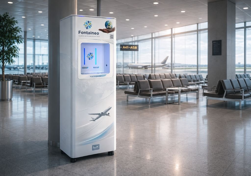 Une borne de remplissage d'eau portant l'enseigne « Fontaineo » se trouve dans une salle d'attente de l'aéroport, où l'on voit des sièges vides, de grandes baies vitrées et un avion visible à l'extérieur, sur le tarmac.