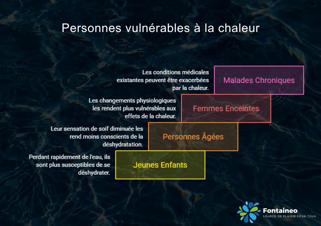 Infographie en français intitulée « Personnes vulnérables à la chaleur », répertoriant les groupes à risque : les malades chroniques, les femmes enceintes, les personnes âgées et les jeunes enfants, avec de brèves explications pour chacun d'entre eux sur fond sombre.