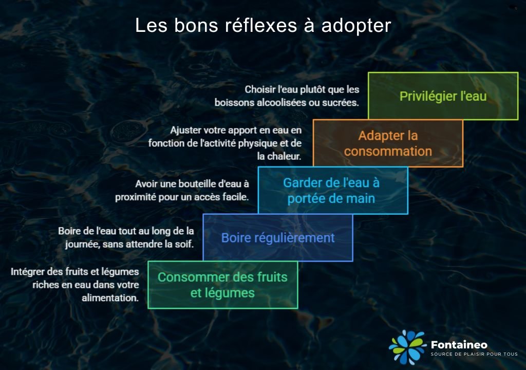 Infographie en français intitulée « Les bons réflexes à adopter », présentant des conseils en matière d'hydratation et de nutrition, avec des phrases mises en évidence sur l'importance de privilégier l'eau, d'adapter sa consommation, de toujours avoir de l'eau à portée de main, de boire régulièrement et de manger des fruits et des légumes.