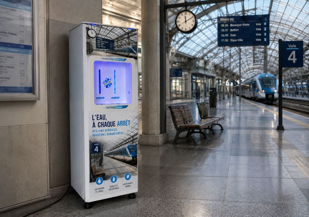 Un distributeur d'eau portant une inscription en français se trouve sur le quai d'une gare, près de bancs, d'une horloge et des voies ferrées ; on aperçoit un train bleu à l'arrière-plan.