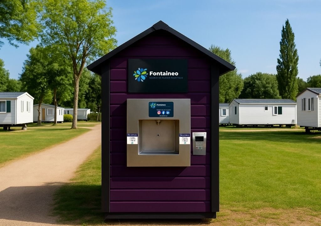 Une station de distribution d'eau violette étiquetée "Fontaineo" se trouve sur un terrain herbeux dans un parc de mobile homes, avec plusieurs mobile homes blancs et des arbres visibles à l'arrière-plan.