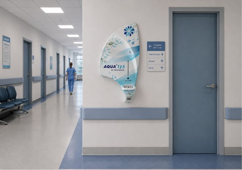 Un couloir d'hôpital aux murs clairs rehaussés de touches de bleu, où l'on aperçoit un défibrillateur mural portant l'inscription « AQUA Tys ». À l'arrière-plan, une personne en blouse s'éloigne. Des panneaux indicateurs sont fixés au mur et sur la porte.